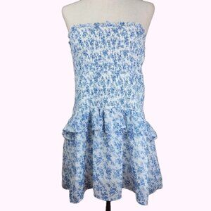 New Blue White Ditzy Floral Shirred Smocked Tiered Frill Ruffle Strapless Top M